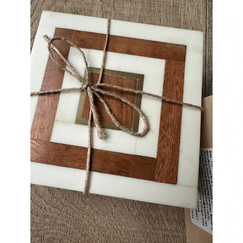FabIndia FabHOME Ayaana Wood Resin Faux Bone Brass Inlay Coasters Set of 4 White